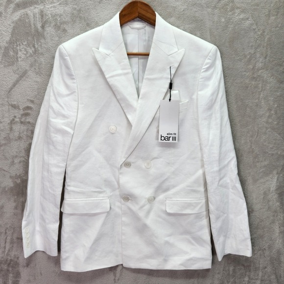 Bar III Linen Blazer Mens 38R 38 Regular White Slim Fit Double Breasted Jacket - Picture 1 of 10
